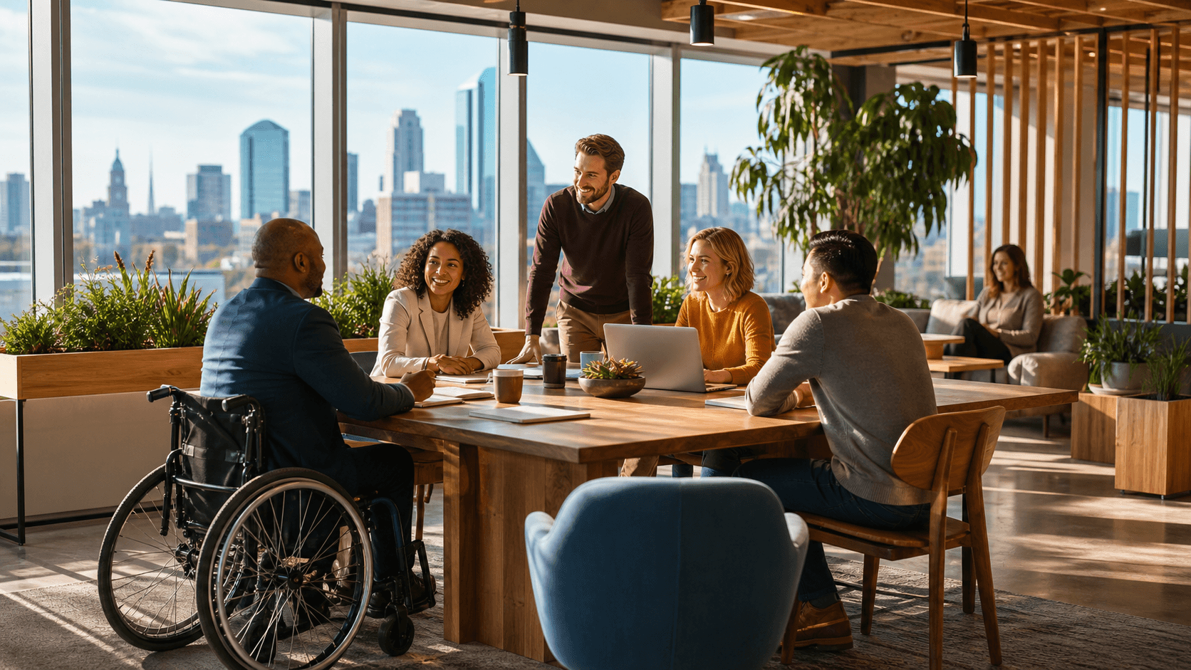 Sunlit modern office with warm wood accents, communal tables, green plants, and expansive windows.