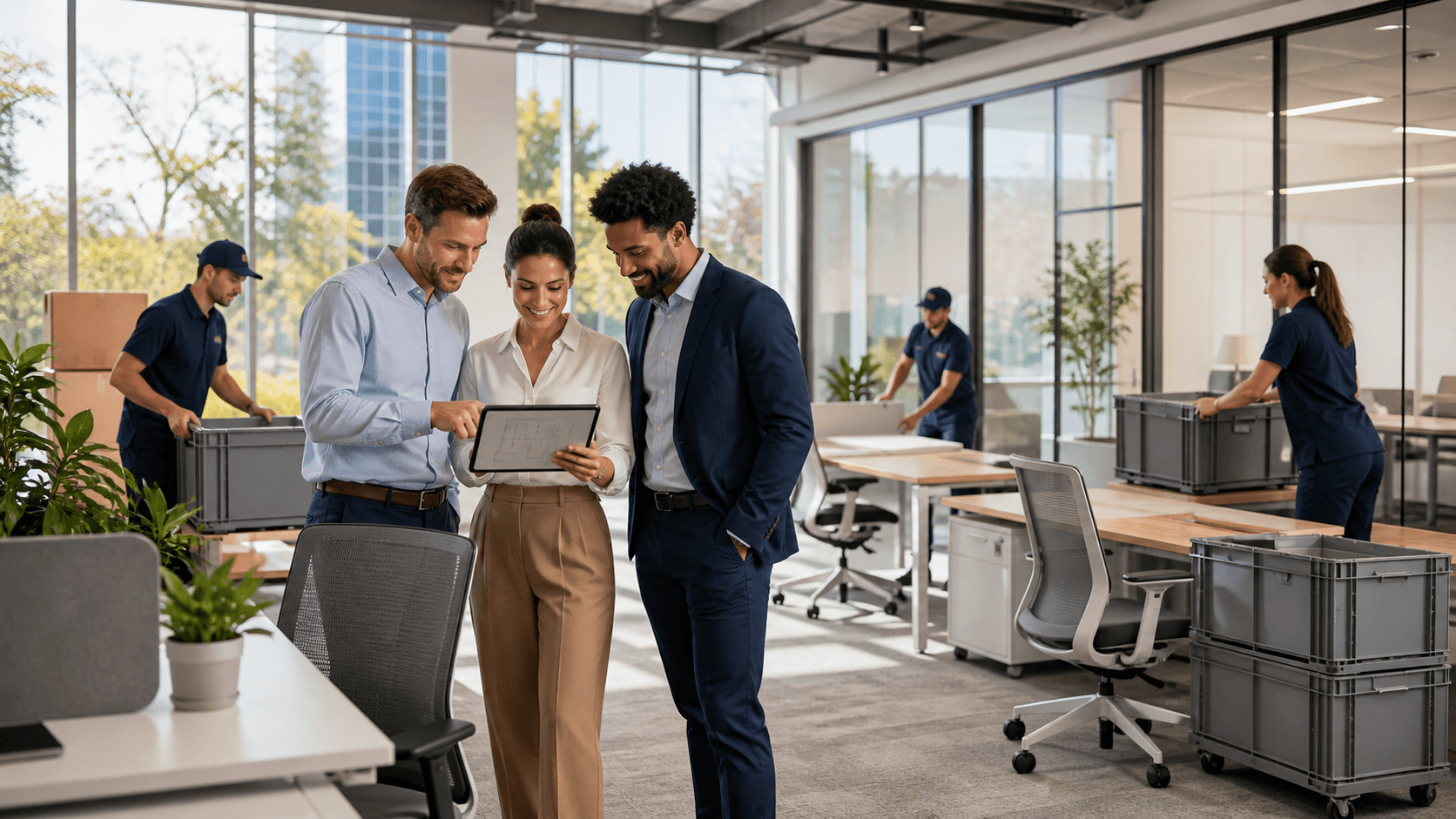 Modern open office with glass walls, wood desks, and movers arranging boxes in bright natural light.