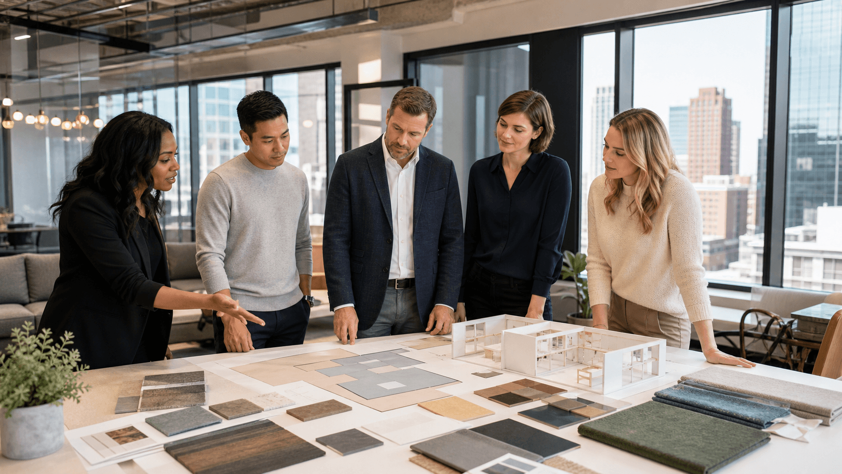 Modern office meeting with blueprints, laptops, and samples on a wood table beneath bright windows.