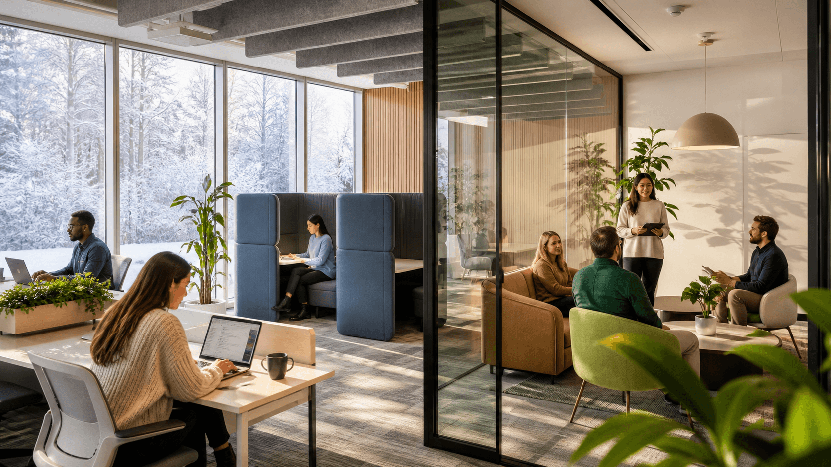 Sunlit modern office with wood desks, green plants, acoustic panels, and large windows overlooking a snowy landscape