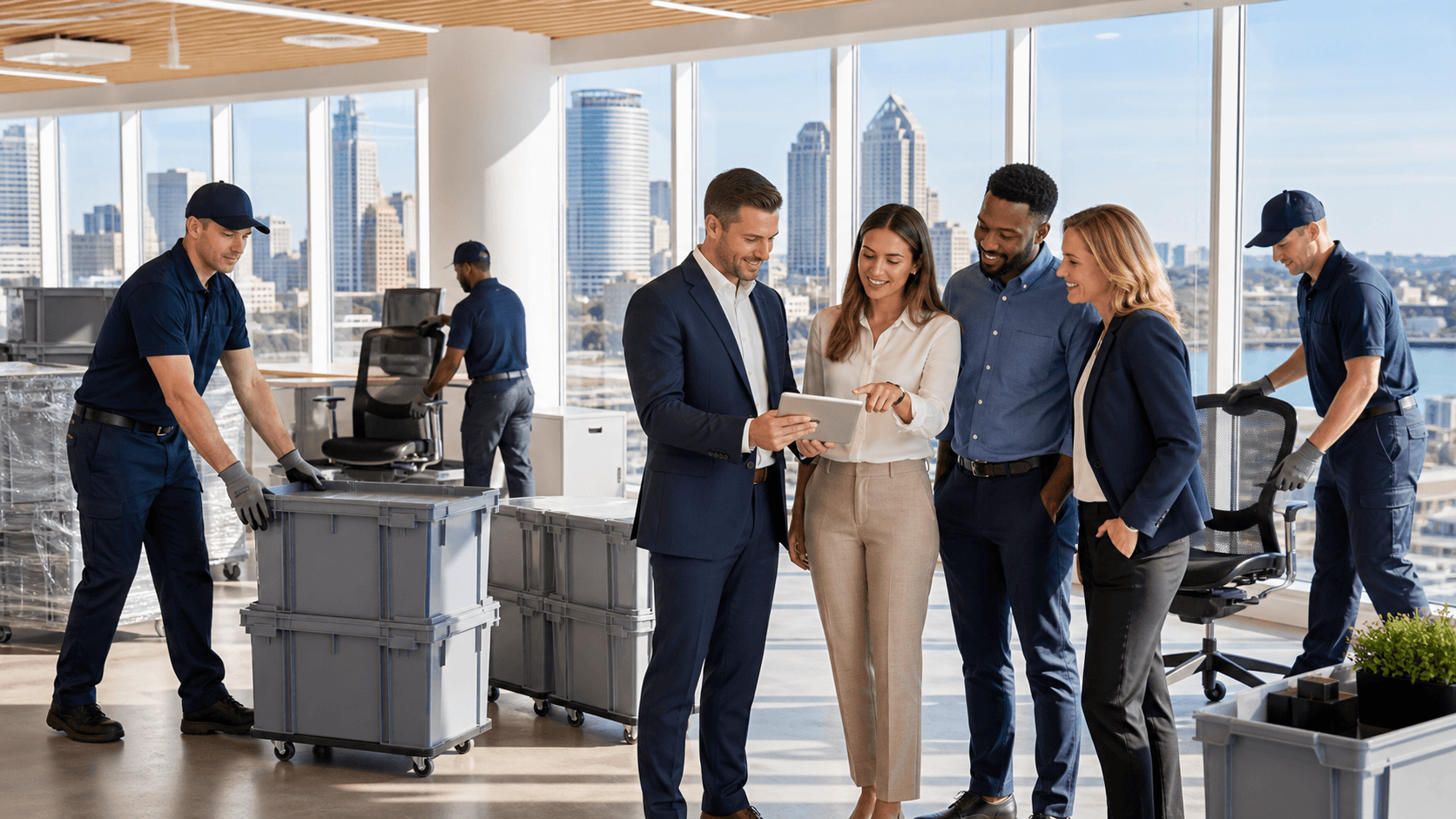 Organized movers in blue uniforms carry office boxes through a bright modern workspace.