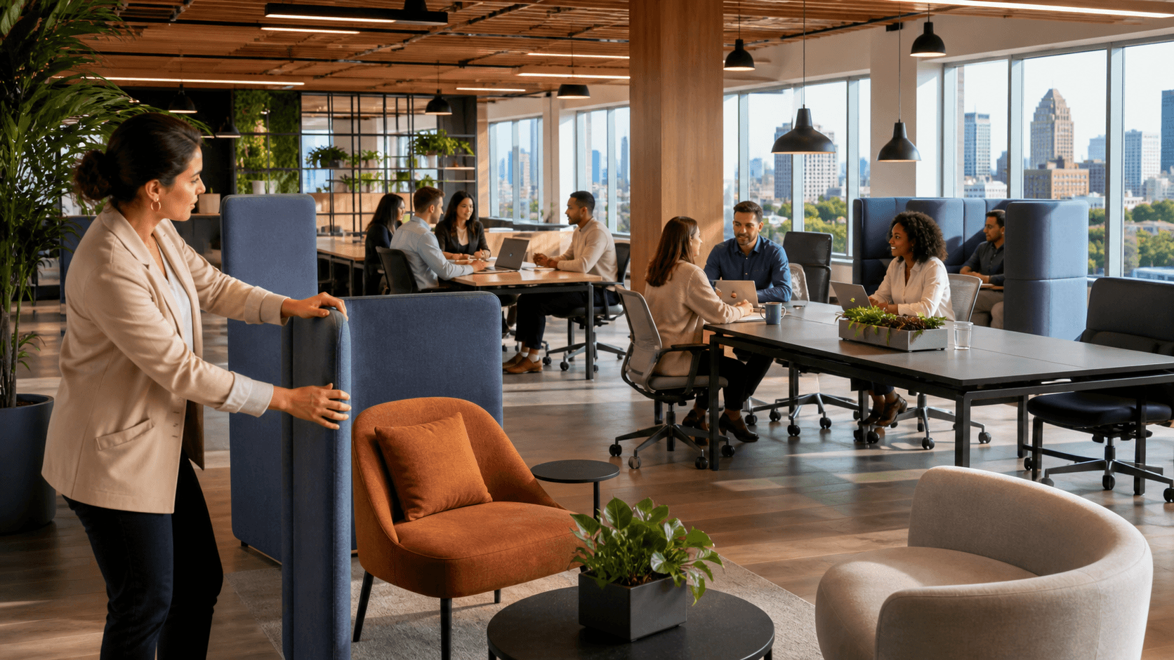 Sunlit modern office with wood desks, green plants, and coworkers collaborating beneath exposed ceiling beams.