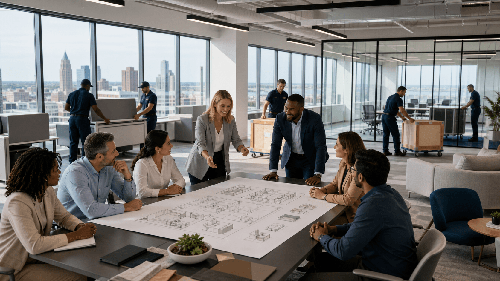 Modern office meeting room with designers reviewing floor plans beside large sunlit windows.