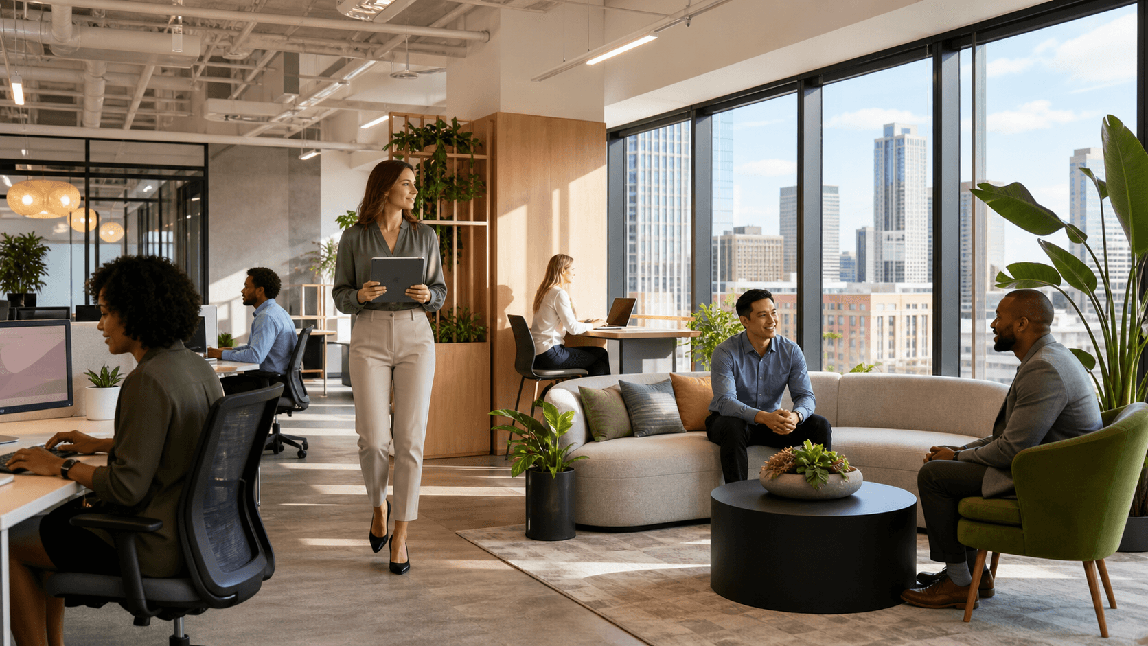 Modern Milwaukee office with sunlit desks, glass walls, and a city skyline visible through large windows.