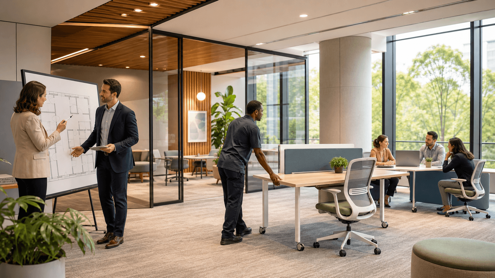 Sunlit modern office with glass walls, lounge seating, and geometric pendant lights in neutral tones.