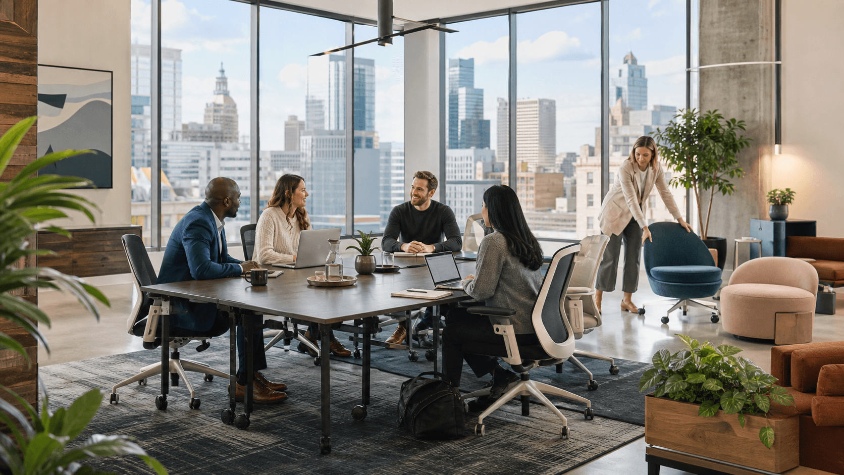 Modern Milwaukee office with wood desks, ergonomic chairs, large windows, and warm natural light.