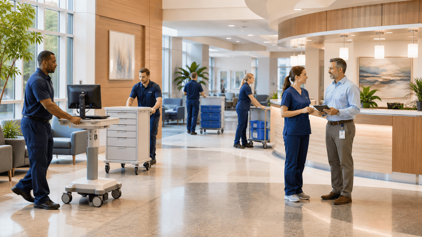 Modern hospital corridor with bright natural light, glass walls, and staff walking beside patient rooms.