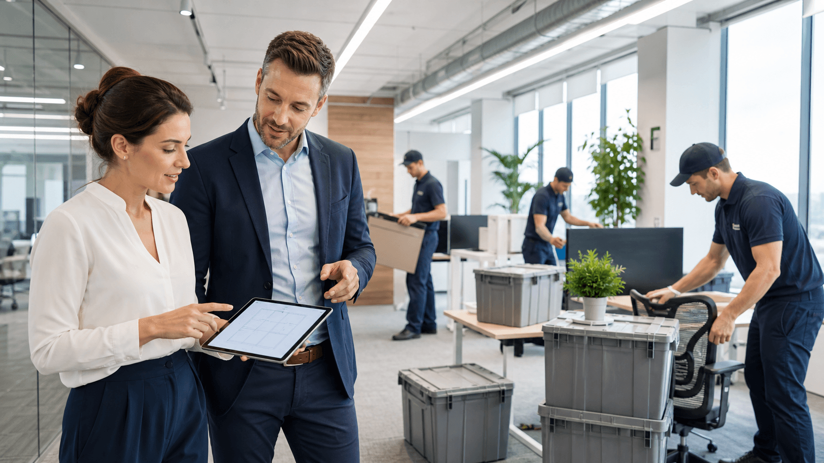 Modern office interior with workers, moving boxes, and blueprints under bright natural light.