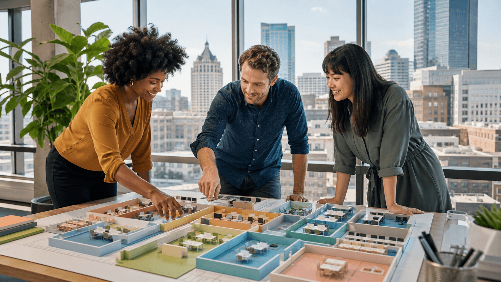 Modern Milwaukee office skyline overlaid with blue floor plans, charts, and warm daylight.